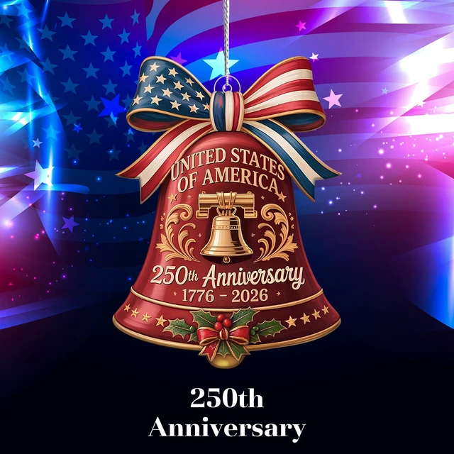 Alt view image 2 of 7 - United States 250th Anniversary Bell Ornament 1776-2026, 2D Acrylic 250th Anniversary USA Christmas Tree Ornament, 250 Anniversary USA Merchandise, Patriotic Collectors Decor, Gift for US Citizens