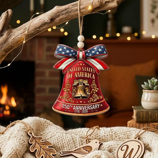 Alt view image 2 of 7 - 250th Anniversary United States of America Ornament (17762026) Patriotic Wooden Christmas Decoration, Independence Day Keepsake, USA Liberty Bell Hanging Ornament