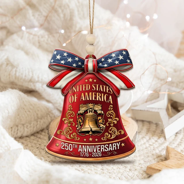 Alt view image 4 of 7 - 250th Anniversary United States of America Ornament (17762026) Patriotic Wooden Christmas Decoration, Independence Day Keepsake, USA Liberty Bell Hanging Ornament