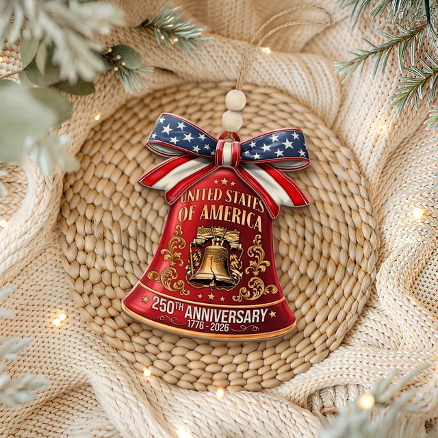 Alt view image 3 of 7 - 250th Anniversary United States of America Ornament (17762026) Patriotic Wooden Christmas Decoration, Independence Day Keepsake, USA Liberty Bell Hanging Ornament