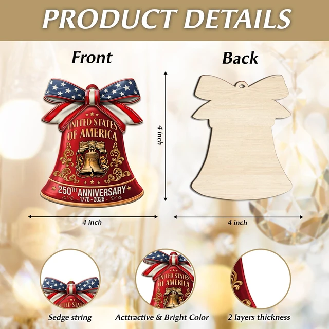 Alt view image 5 of 7 - 250th Anniversary United States of America Ornament (17762026) Patriotic Wooden Christmas Decoration, Independence Day Keepsake, USA Liberty Bell Hanging Ornament