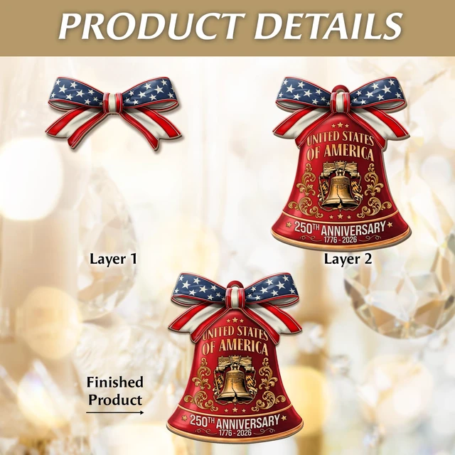 Alt view image 6 of 7 - 250th Anniversary United States of America Ornament (17762026) Patriotic Wooden Christmas Decoration, Independence Day Keepsake, USA Liberty Bell Hanging Ornament