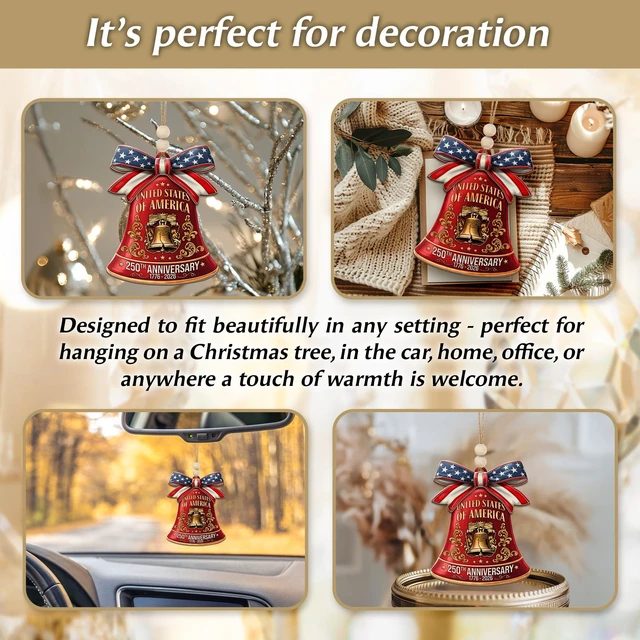 Alt view image 7 of 7 - 250th Anniversary United States of America Ornament (17762026) Patriotic Wooden Christmas Decoration, Independence Day Keepsake, USA Liberty Bell Hanging Ornament