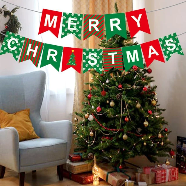 Alt view image 6 of 7 - Merry Christmas Banner Decorations Red Green Xmas Paper Banner Sign Home Office Decor Banners Merry Christmas Party Decoration for Xmas Holiday Fireplace Wall Window Indoor Decor