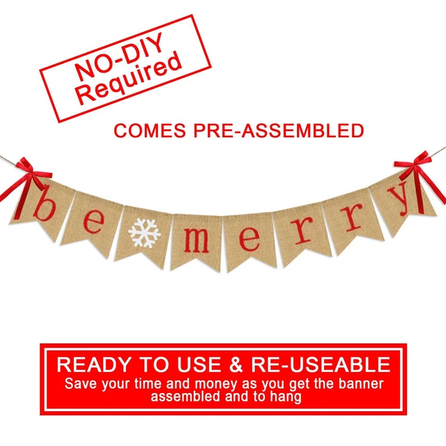 Alt view image 2 of 7 - Be Merry Burlap Banner | Christmas Banner with Snowflake Sign | Christmas Decorations Rustic Christmas Decor for Mantle Fireplace Xmas Party Holiday Outdoor Indoor Hanging Decorations