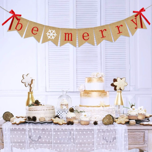 Alt view image 5 of 7 - Be Merry Burlap Banner | Christmas Banner with Snowflake Sign | Christmas Decorations Rustic Christmas Decor for Mantle Fireplace Xmas Party Holiday Outdoor Indoor Hanging Decorations