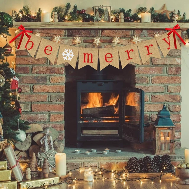 Alt view image 6 of 7 - Be Merry Burlap Banner | Christmas Banner with Snowflake Sign | Christmas Decorations Rustic Christmas Decor for Mantle Fireplace Xmas Party Holiday Outdoor Indoor Hanging Decorations