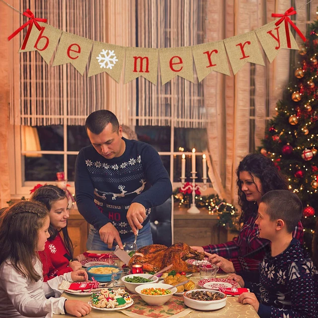 Alt view image 7 of 7 - Be Merry Burlap Banner | Christmas Banner with Snowflake Sign | Christmas Decorations Rustic Christmas Decor for Mantle Fireplace Xmas Party Holiday Outdoor Indoor Hanging Decorations