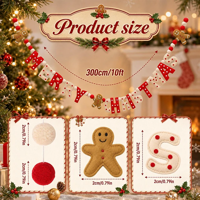 Alt view image 2 of 6 - Merry Christmas Felt Garland 10 ft Gingerbread Man Ball Banner | Brown Gingerbread Man, Red White Pom Pom Ball, Xmas Tree Hanging Decoration, Holiday Festive Home Mantel Wall Party Supplies