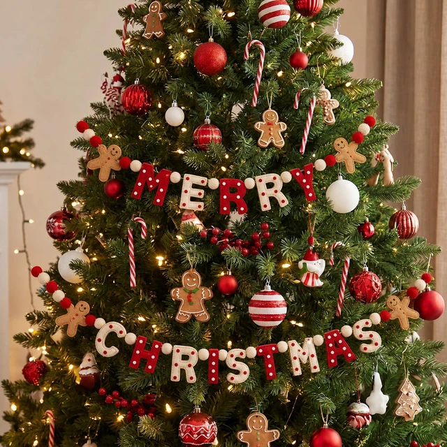 Alt view image 3 of 6 - Merry Christmas Felt Garland 10 ft Gingerbread Man Ball Banner | Brown Gingerbread Man, Red White Pom Pom Ball, Xmas Tree Hanging Decoration, Holiday Festive Home Mantel Wall Party Supplies