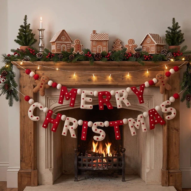 Alt view image 4 of 6 - Merry Christmas Felt Garland 10 ft Gingerbread Man Ball Banner | Brown Gingerbread Man, Red White Pom Pom Ball, Xmas Tree Hanging Decoration, Holiday Festive Home Mantel Wall Party Supplies