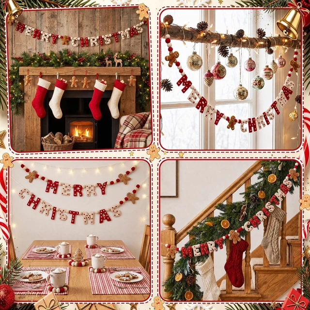 Alt view image 6 of 6 - Merry Christmas Felt Garland 10 ft Gingerbread Man Ball Banner | Brown Gingerbread Man, Red White Pom Pom Ball, Xmas Tree Hanging Decoration, Holiday Festive Home Mantel Wall Party Supplies