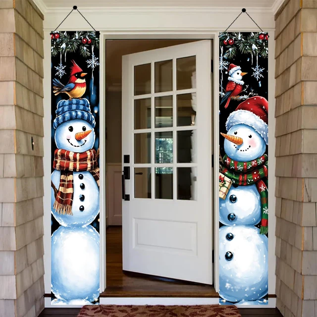 Alt view image 2 of 7 - 2PCS Christmas Snowman Porch Banners 71 x 12 Inch Vertical Holiday Door Decorations with Cardinals and Snowflakes Winter Front Door Hanging Signs for Christmas Yard Entryway Wall Decor