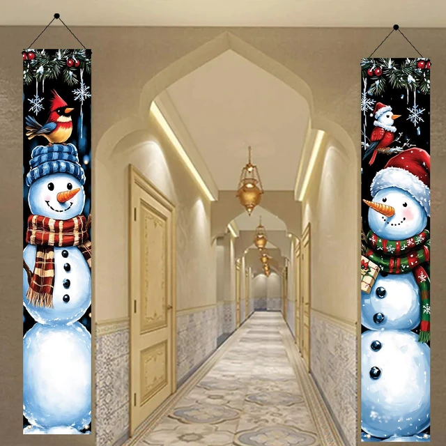 Alt view image 5 of 7 - 2PCS Christmas Snowman Porch Banners 71 x 12 Inch Vertical Holiday Door Decorations with Cardinals and Snowflakes Winter Front Door Hanging Signs for Christmas Yard Entryway Wall Decor