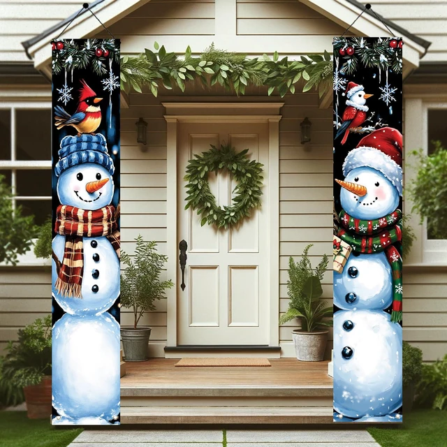 Alt view image 3 of 7 - 2PCS Christmas Snowman Porch Banners 71 x 12 Inch Vertical Holiday Door Decorations with Cardinals and Snowflakes Winter Front Door Hanging Signs for Christmas Yard Entryway Wall Decor