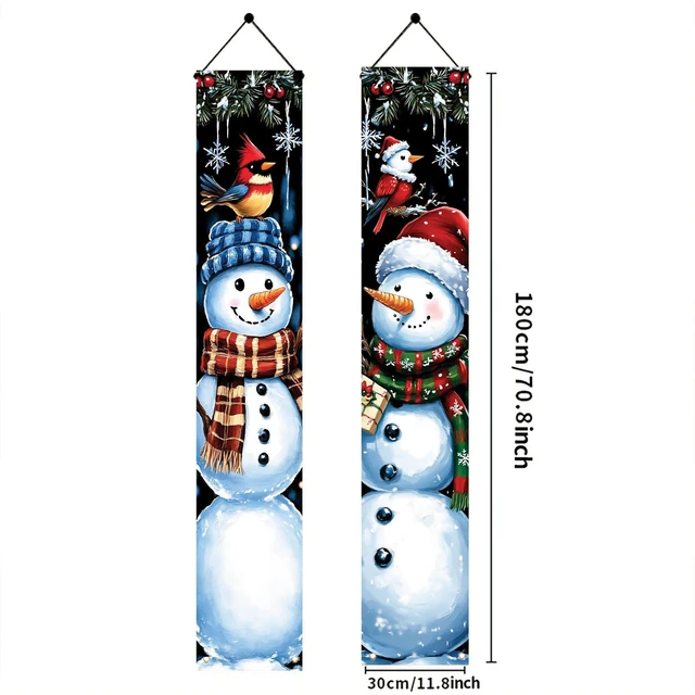 Alt view image 6 of 7 - 2PCS Christmas Snowman Porch Banners 71 x 12 Inch Vertical Holiday Door Decorations with Cardinals and Snowflakes Winter Front Door Hanging Signs for Christmas Yard Entryway Wall Decor