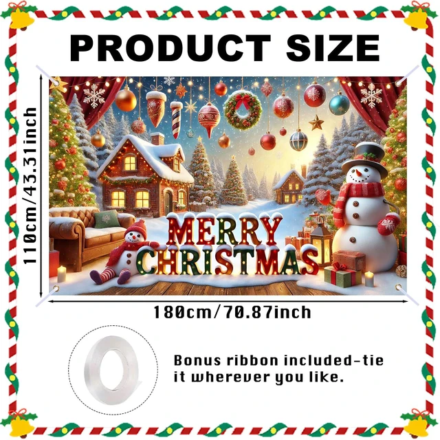 Alt view image 2 of 7 - Christmas Banner 71"x43" Polyester | Xmas Decor, Party Event, Indoor Backdrop, Home Sign, Wall Accent (Snowman)