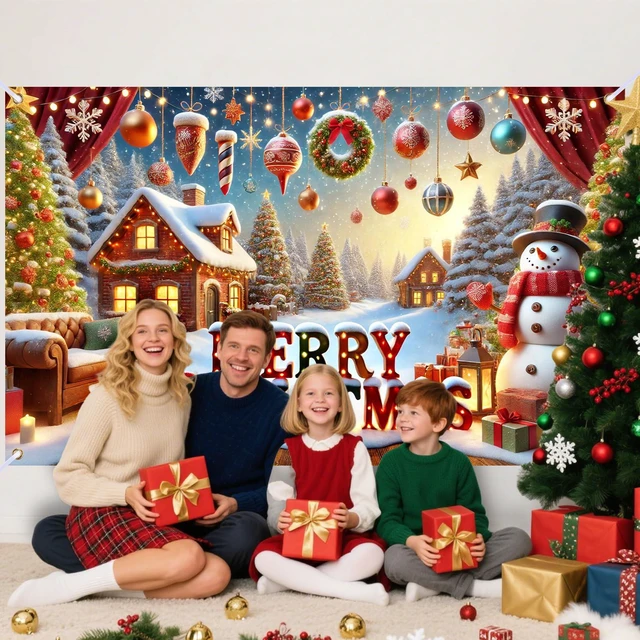 Alt view image 3 of 7 - Christmas Banner 71"x43" Polyester | Xmas Decor, Party Event, Indoor Backdrop, Home Sign, Wall Accent (Snowman)