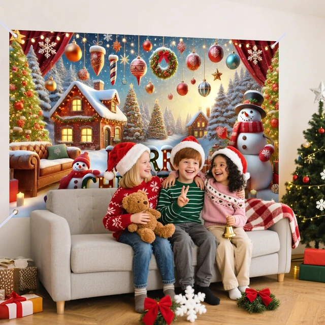 Alt view image 4 of 7 - Christmas Banner 71"x43" Polyester | Xmas Decor, Party Event, Indoor Backdrop, Home Sign, Wall Accent (Snowman)