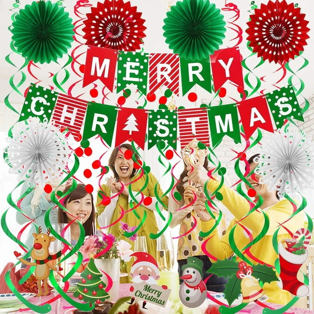 Alt view image 2 of 7 - Merry Christmas Banner Paper Fan Flower Circle Confetti Dots Hanging Garlandand Swirl Streamers Christmas Tree Christmas Snowman God Tang for Christmas Party Decoration