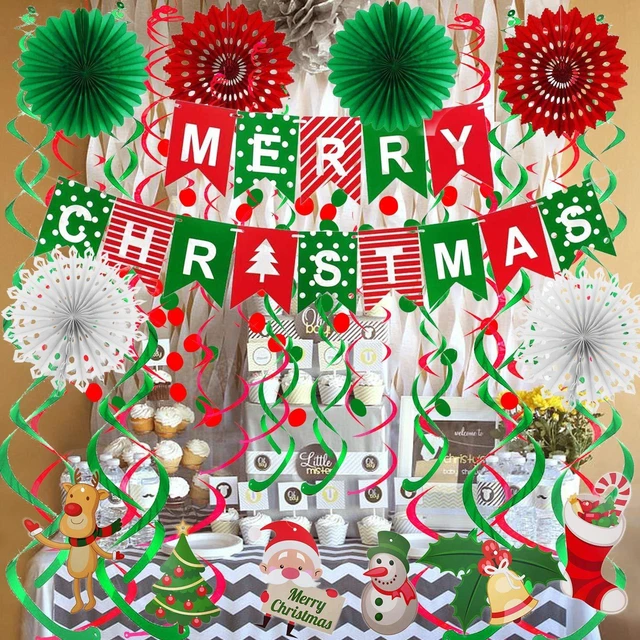 Alt view image 3 of 7 - Merry Christmas Banner Paper Fan Flower Circle Confetti Dots Hanging Garlandand Swirl Streamers Christmas Tree Christmas Snowman God Tang for Christmas Party Decoration