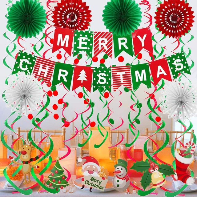 Alt view image 4 of 7 - Merry Christmas Banner Paper Fan Flower Circle Confetti Dots Hanging Garlandand Swirl Streamers Christmas Tree Christmas Snowman God Tang for Christmas Party Decoration