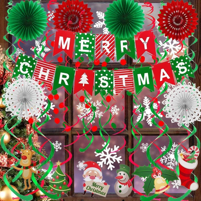 Alt view image 5 of 7 - Merry Christmas Banner Paper Fan Flower Circle Confetti Dots Hanging Garlandand Swirl Streamers Christmas Tree Christmas Snowman God Tang for Christmas Party Decoration