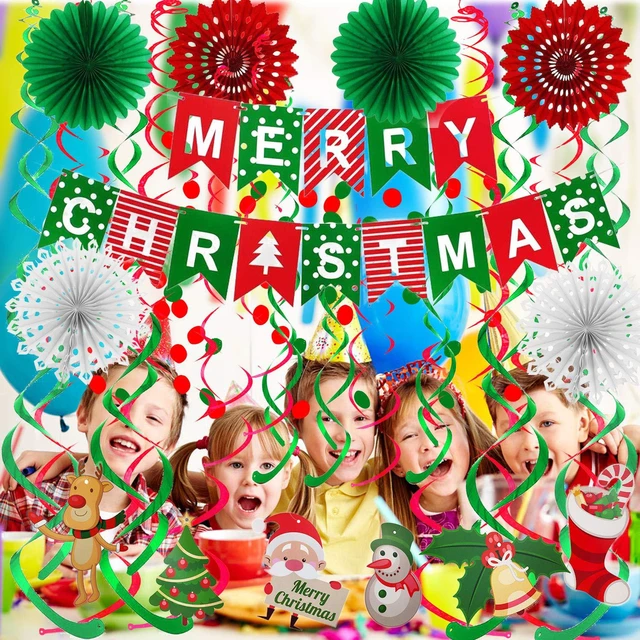 Alt view image 6 of 7 - Merry Christmas Banner Paper Fan Flower Circle Confetti Dots Hanging Garlandand Swirl Streamers Christmas Tree Christmas Snowman God Tang for Christmas Party Decoration