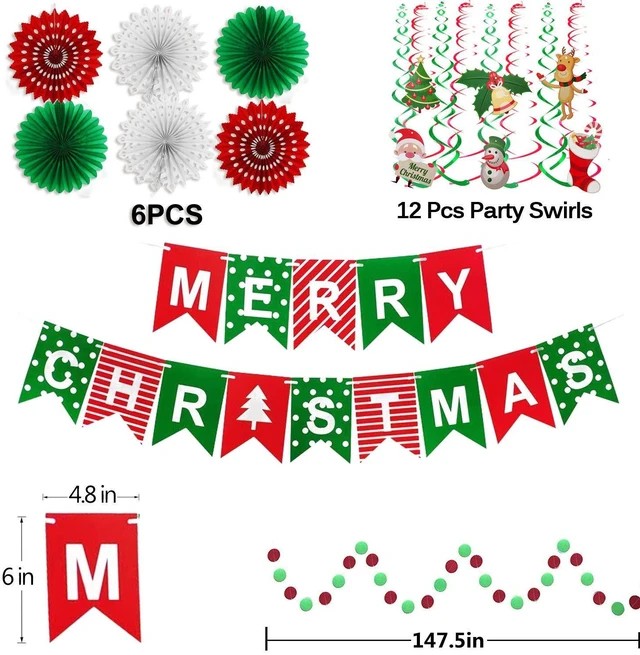 Alt view image 7 of 7 - Merry Christmas Banner Paper Fan Flower Circle Confetti Dots Hanging Garlandand Swirl Streamers Christmas Tree Christmas Snowman God Tang for Christmas Party Decoration