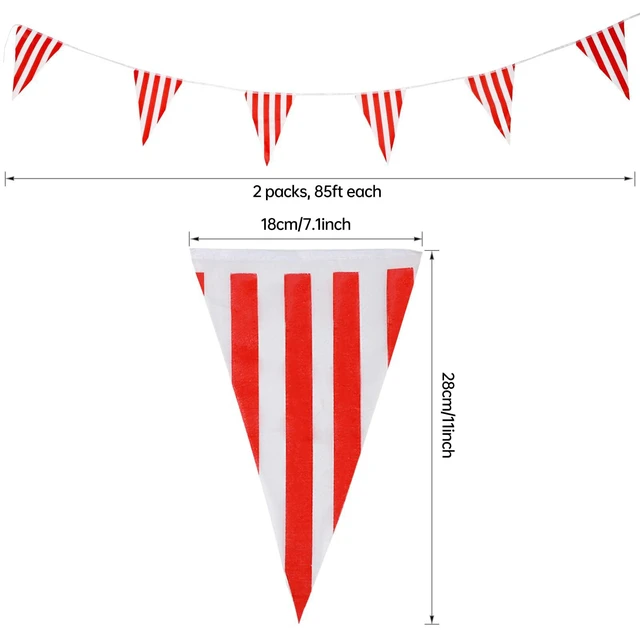Alt view image 2 of 7 - 170ft 120pcs Red White Striped Pennant Banner | Carnival circus string triangle flags, great for kids birthday, New Year Eve celebration supplies