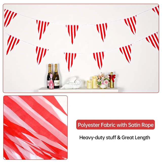 Alt view image 3 of 7 - 170ft 120pcs Red White Striped Pennant Banner | Carnival circus string triangle flags, great for kids birthday, New Year Eve celebration supplies