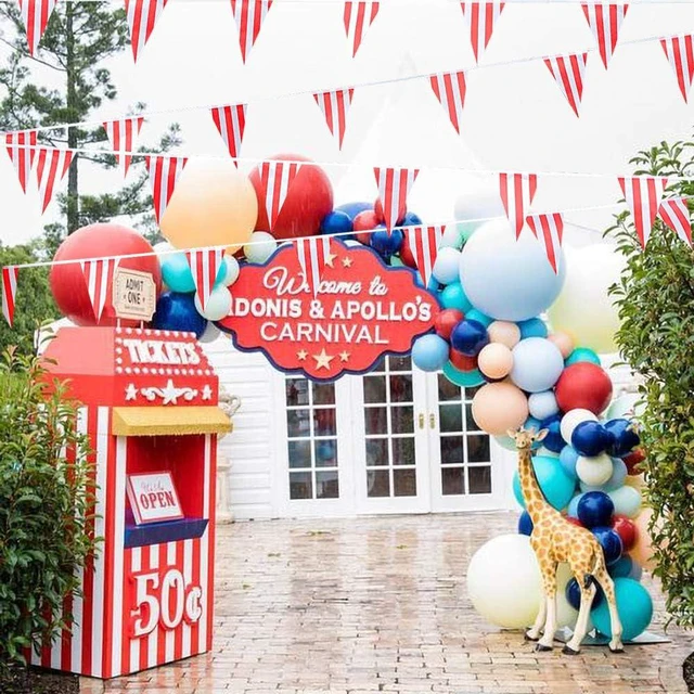 Alt view image 7 of 7 - 170ft 120pcs Red White Striped Pennant Banner | Carnival circus string triangle flags, great for kids birthday, New Year Eve celebration supplies