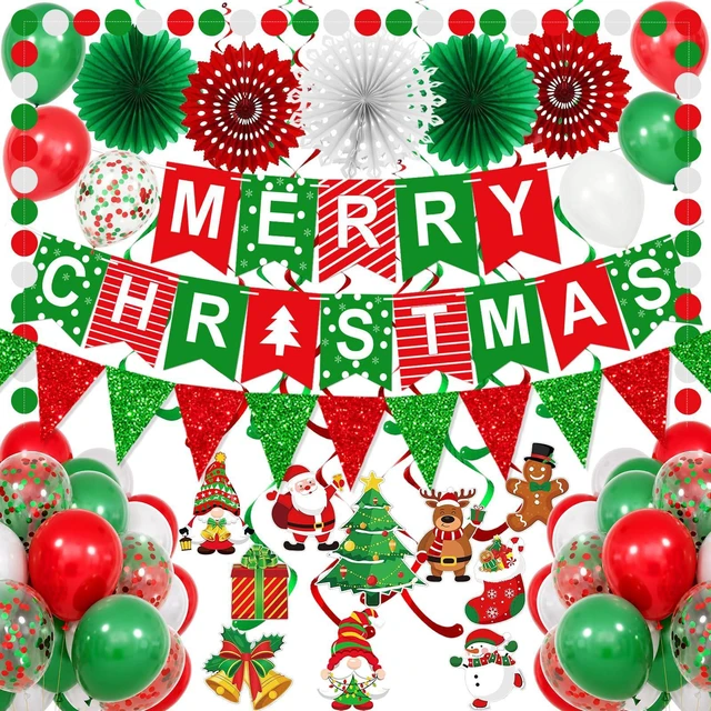 Main image of MERRY CHRISTMAS Hanging Paper Banner Paper flower Fan Swirl Streamers Triangular Bunting Circle garland latex balloons Claus Banner For Merry Christmas Party Decorations