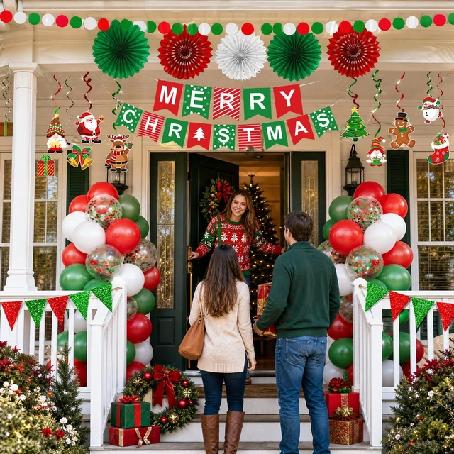 Alt view image 4 of 7 - MERRY CHRISTMAS Hanging Paper Banner Paper flower Fan Swirl Streamers Triangular Bunting Circle garland latex balloons Claus Banner For Merry Christmas Party Decorations