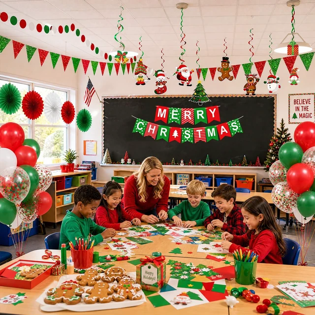 Alt view image 5 of 7 - MERRY CHRISTMAS Hanging Paper Banner Paper flower Fan Swirl Streamers Triangular Bunting Circle garland latex balloons Claus Banner For Merry Christmas Party Decorations