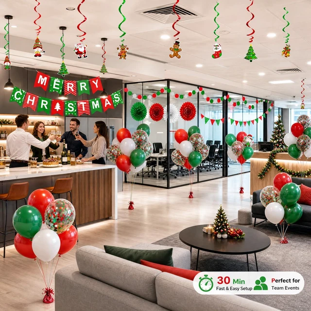 Alt view image 7 of 7 - MERRY CHRISTMAS Hanging Paper Banner Paper flower Fan Swirl Streamers Triangular Bunting Circle garland latex balloons Claus Banner For Merry Christmas Party Decorations