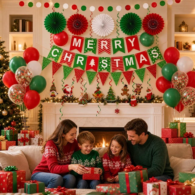 Alt view image 6 of 7 - MERRY CHRISTMAS Hanging Paper Banner Paper flower Fan Swirl Streamers Triangular Bunting Circle garland latex balloons Claus Banner For Merry Christmas Party Decorations