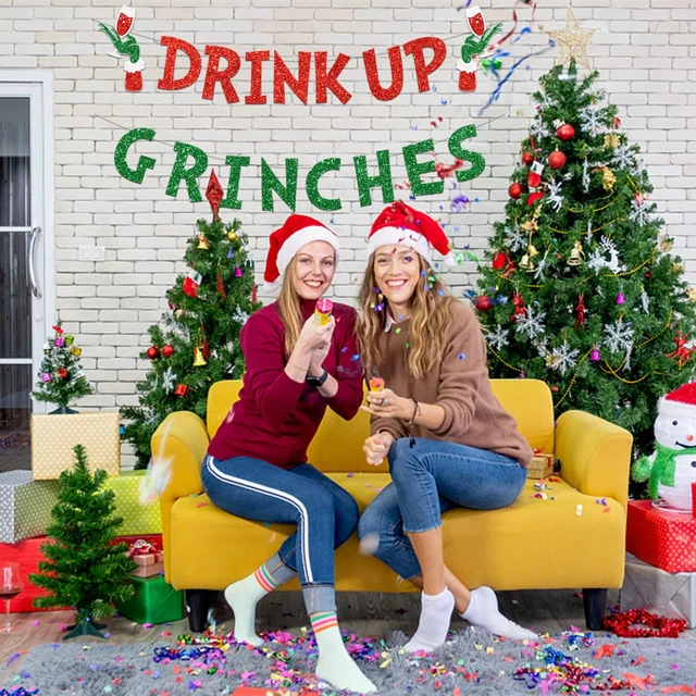 Alt view image 2 of 7 - Drink Up Grinches Banner, Glittery Christmas Decorations Banners Winter Holiday Garland Photo Props Banner for Party Home Decorations
