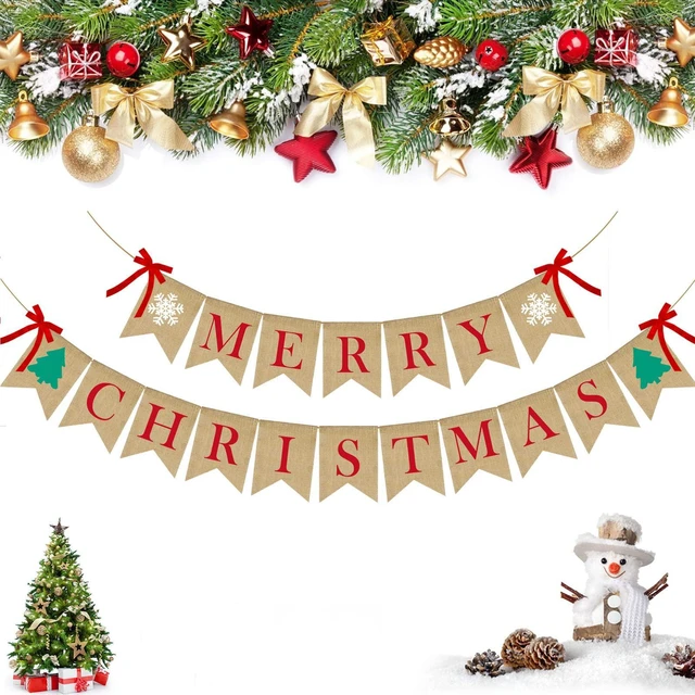 Main image of Merry Christmas Burlap Banner with 4 Red Bows, Home Indoor Christmas Decorations for Fireplace, Chimney, Wall, Tree