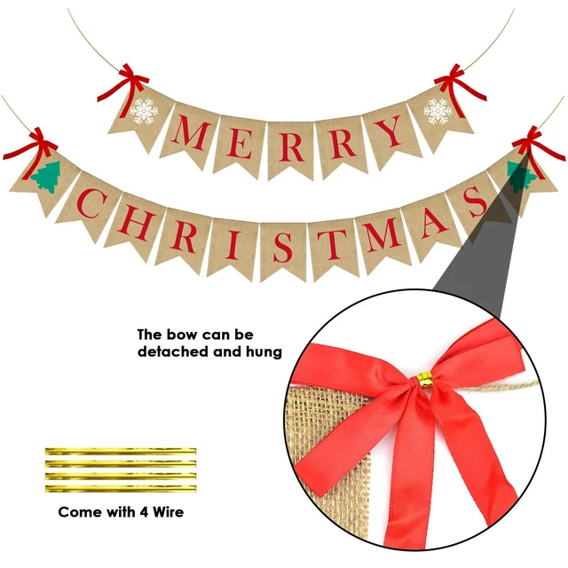 Alt view image 4 of 7 - Merry Christmas Burlap Banner with 4 Red Bows, Home Indoor Christmas Decorations for Fireplace, Chimney, Wall, Tree