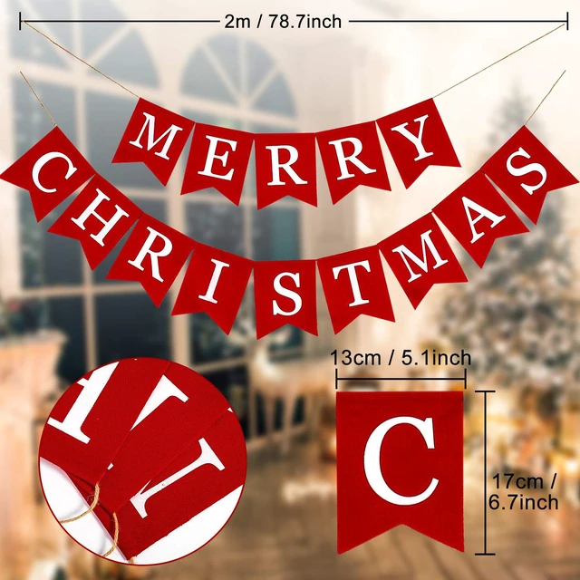 Alt view image 2 of 7 - Merry Christmas Canvas Banners, Red Christmas Bunting Garland, Hanging Xmas Decorations for Fireplace Wall (13ft in Total)