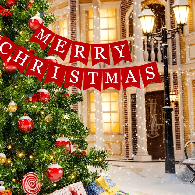Alt view image 3 of 7 - Merry Christmas Canvas Banners, Red Christmas Bunting Garland, Hanging Xmas Decorations for Fireplace Wall (13ft in Total)