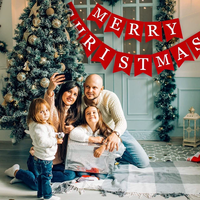 Alt view image 5 of 7 - Merry Christmas Canvas Banners, Red Christmas Bunting Garland, Hanging Xmas Decorations for Fireplace Wall (13ft in Total)