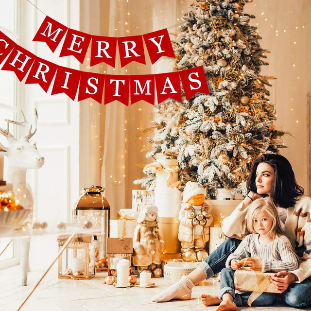 Alt view image 6 of 7 - Merry Christmas Canvas Banners, Red Christmas Bunting Garland, Hanging Xmas Decorations for Fireplace Wall (13ft in Total)