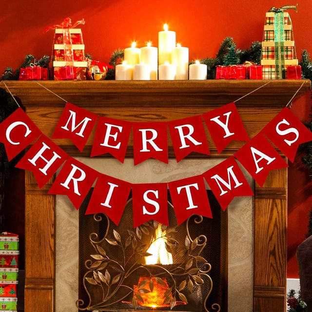 Alt view image 7 of 7 - Merry Christmas Canvas Banners, Red Christmas Bunting Garland, Hanging Xmas Decorations for Fireplace Wall (13ft in Total)