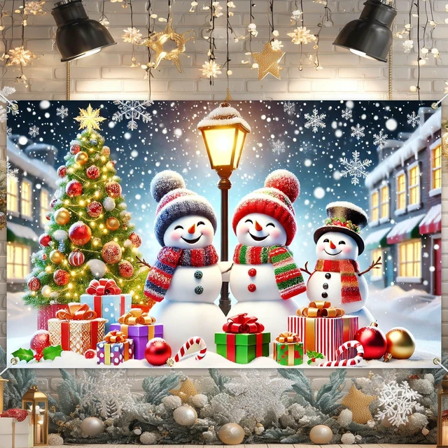 Main image of Merry Christmas Banner 71x43 in Snowman Party Decor | Christmas Backdrop, Winter Holiday Wall Banner for Home, Office and Photo Booth, Snowman Winter Snowy Night Display