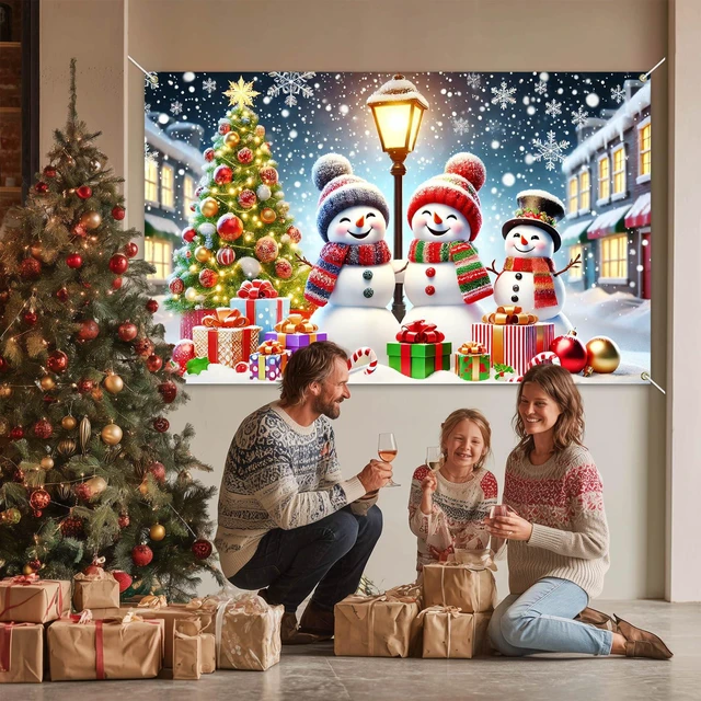 Alt view image 2 of 6 - Merry Christmas Banner 71x43 in Snowman Party Decor | Christmas Backdrop, Winter Holiday Wall Banner for Home, Office and Photo Booth, Snowman Winter Snowy Night Display