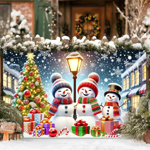 Alt view image 3 of 6 - Merry Christmas Banner 71x43 in Snowman Party Decor | Christmas Backdrop, Winter Holiday Wall Banner for Home, Office and Photo Booth, Snowman Winter Snowy Night Display