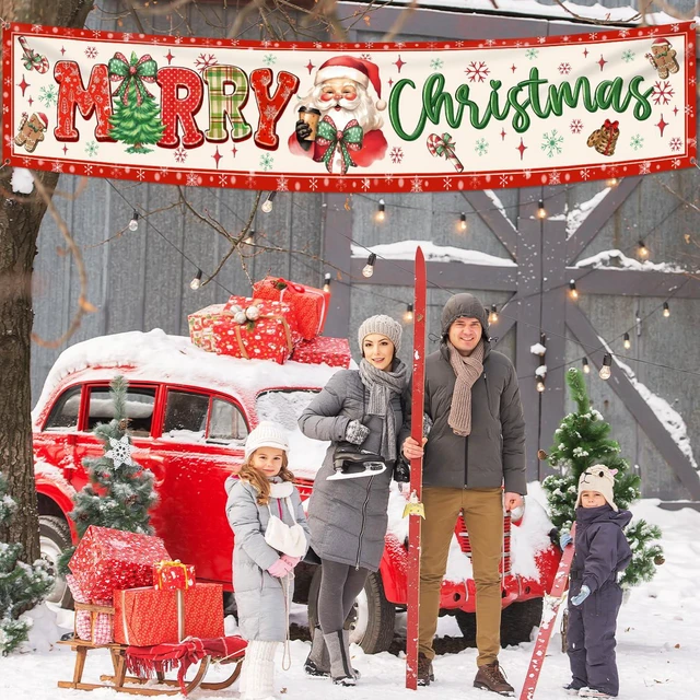 Alt view image 2 of 6 - Merry Christmas Banner Large Christmas Yard Decorations Outdoor Decor | Outdoor Red Bow and Santa Claus Yard Sign,Merry Xmas Banner for Indoor/Outdoor Xmas Party Happy New Years Celebration