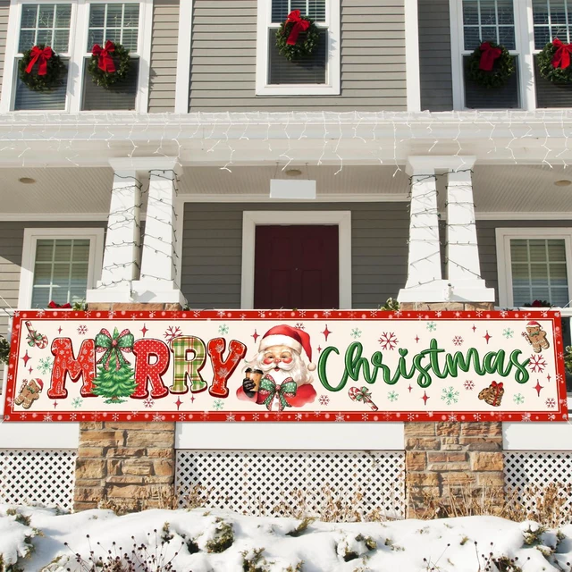 Alt view image 3 of 6 - Merry Christmas Banner Large Christmas Yard Decorations Outdoor Decor | Outdoor Red Bow and Santa Claus Yard Sign,Merry Xmas Banner for Indoor/Outdoor Xmas Party Happy New Years Celebration